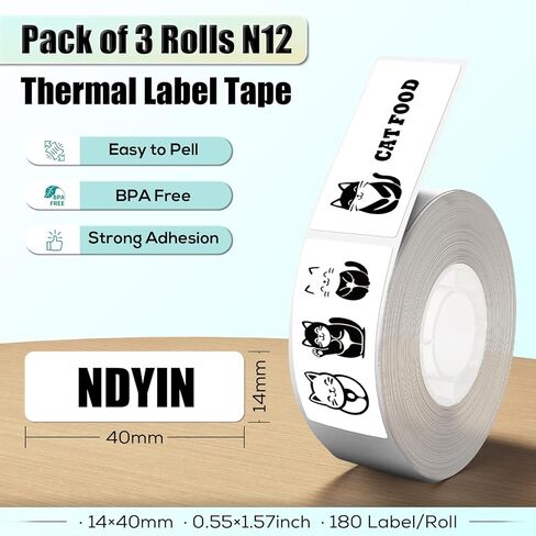 N12 White Label Maker Tape, 4 Rolls Label Printer Paper, 14x40mm (0.55"x1.57"), 180 Labels/Roll, Black on White Sticker Thermal Paper Self-Adhesive in Saudi Arabia