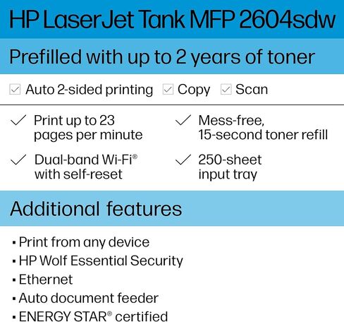 طابعة HP LaserJet-Tank MFP 2604sdw اللاسلكية بالأبيض والأسود مملوءة مسبقًا بما يصل إلى عامين من حبر HP الأصلي (381V1A) (متجدد) in Kuwait