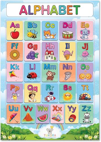 Tukora Alphabet Poster for Kids ABC Wall Chart with Uppercase and Lowercase Letters Colourful Educational Nursery Poster with Animals and Objects Preschool Classroom Learning Decor Premium UK Made in Saudi Arabia