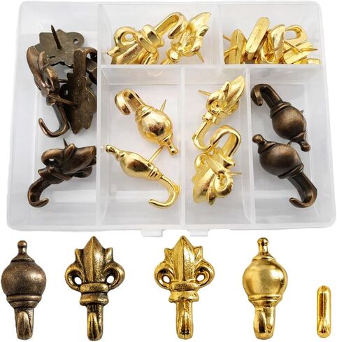 DIY HARDWARE- 20PCS Metal Push Pin Hangers, Decorative Thumb Tacks for Wall Hanging, Renter Friendly Gold and Bronze Picture Hooks for Wood, Cork, Fabric Walls with Storage Box in Saudi Arabia