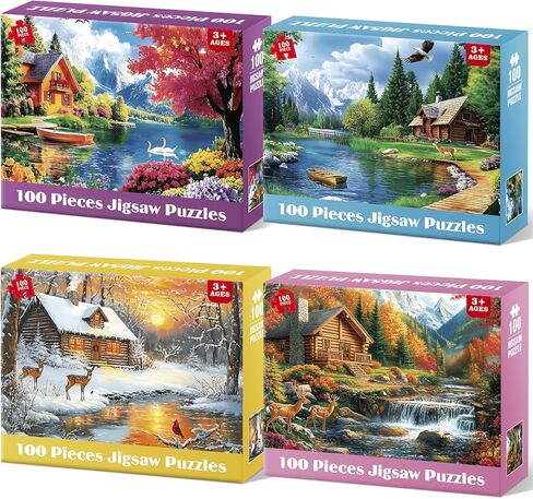 4 Pack 100 Piece Puzzles for Seniors, Four Seasons Jigsaw Puzzles for Elderly Large Piece Puzzle for Adults & Kids Ages 4-6 6-8 8-10, Easy Beginner Puzzle Family Educational Toy Gift in Saudi Arabia