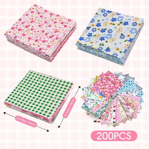 200PCS 4x4 Inch Vintage Fabric Squares, Quilting Fabric Bundles with 50+ Colors & Patterns, Pre Cut Quilt Squares for Sewing Clothes & Crafts, Charm Packs for Quilting Supplies in Kuwait