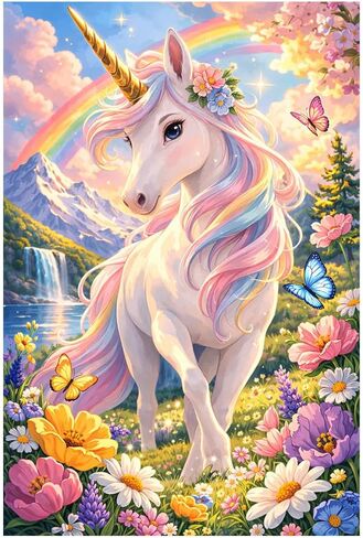 مجموعة طلاء Quelvyn Rainbow Unicorn بالأرقام للبالغين، لوحة حصان خيالية DIY على قماش ملفوف مقاس 16 × 20 بوصة، فن مبتدئ مرج الزهور ديكور جدار الشلال، هدية لمحبي يونيكورن in Kuwait