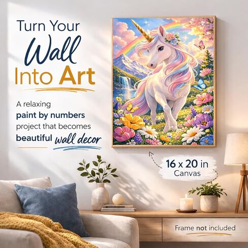مجموعة طلاء Quelvyn Rainbow Unicorn بالأرقام للبالغين، لوحة حصان خيالية DIY على قماش ملفوف مقاس 16 × 20 بوصة، فن مبتدئ مرج الزهور ديكور جدار الشلال، هدية لمحبي يونيكورن in Kuwait