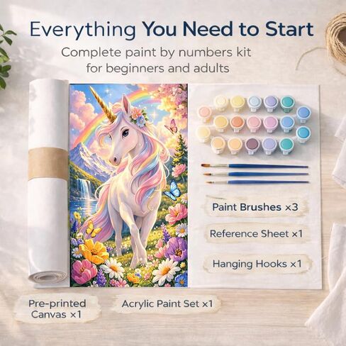 مجموعة طلاء Quelvyn Rainbow Unicorn بالأرقام للبالغين، لوحة حصان خيالية DIY على قماش ملفوف مقاس 16 × 20 بوصة، فن مبتدئ مرج الزهور ديكور جدار الشلال، هدية لمحبي يونيكورن in Kuwait