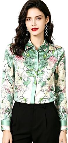 Women's Printed Flowers Commercial Long Sleeved Casual Loose Lapel Button Down Shirt Blouse Tops. in Kuwait