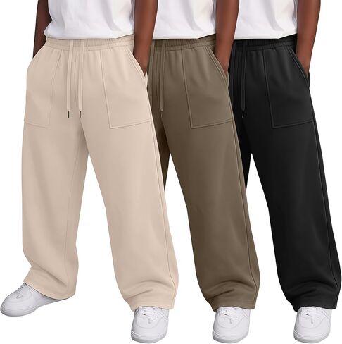 3 Pack Boys' Sweatpants Straight Leg Athletic Open Bottom Kid Pants Teens Elastic Waist Baggy Joggers with Pockets in Saudi Arabia