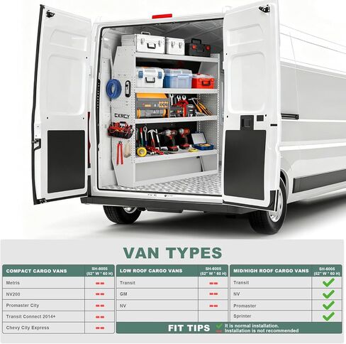 CXRCY SH-6005 نظام تخزين أرفف من الصلب متوسط/عالي السقف مناسب لسيارة Ford Transit، Promaster، Sprinter، Ford Transit Shelving، 52 بوصة عرض × 60 بوصة ارتفاع × 13 بوصة عمق in Kuwait