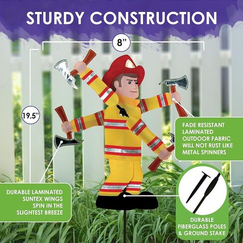Whirligig Spinner Fireman 20 بوصة - تصميم بطولي بطابع رجال الإطفاء، ديكور خارجي مقاوم للطقس، متين وخفيف الوزن للباحات والساحات والحدائق - دوار رياح ملفت للنظر in Kuwait