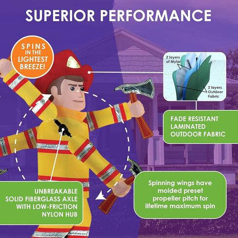Whirligig Spinner Fireman 20 بوصة - تصميم بطولي بطابع رجال الإطفاء، ديكور خارجي مقاوم للطقس، متين وخفيف الوزن للباحات والساحات والحدائق - دوار رياح ملفت للنظر in Kuwait