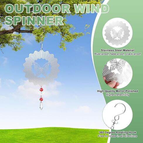 M METERXITY 1-Pack Hanging Wind Spinners, 13.1" 3D Stainless Steel Hanging Reflective Pinwheels for Patio/Yard/Outdoor, Garden Decor Windmill [Silver Tone, Butterfly] in Kuwait