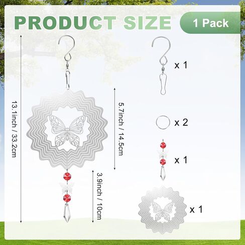 M METERXITY 1-Pack Hanging Wind Spinners, 13.1" 3D Stainless Steel Hanging Reflective Pinwheels for Patio/Yard/Outdoor, Garden Decor Windmill [Silver Tone, Butterfly] in Kuwait
