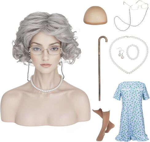 Old Lady Wig for Women, Granny Costume Dress With Accessories 10 Pieces, Perfect for 100 Days of School Costume in Saudi Arabia