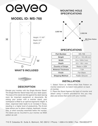 Oeveo | Single Monitor Stand | 17.1875" x 6.5" x 8" | Free Standing VESA Metal Monitor Mount | Made in America in Saudi Arabia