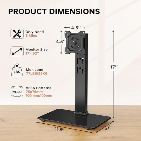 Afaloona Freestanding Single Monitor Stand for 13-32 Inch Screens, Height Adjustable No Clamp Monitor Mount with Tempered Glass Base, Swivel Tilt Rotation, VESA 75x75/100x100mm, Holds 77lbs in Saudi Arabia