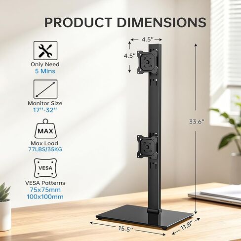 Afaloona Freestanding Vertical Dual Monitor Stand for 13-32" Screens, Space Saving Stack Mount with 8 Height Options, Full Motion Adjustment, Heavy Duty Base, Supports Total 77lbs, VESA 75x75mm/100x100mm in Saudi Arabia