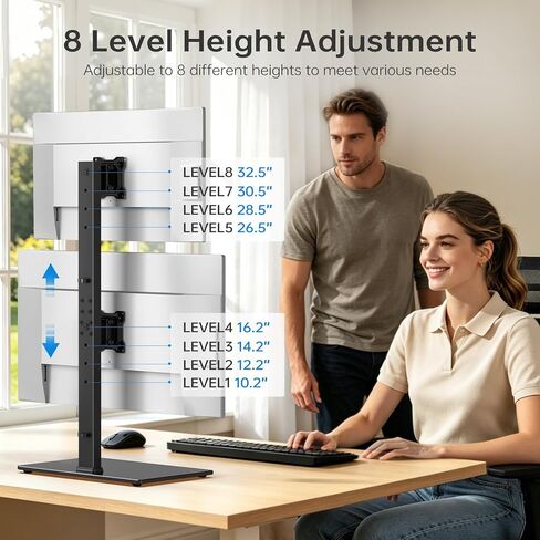 Afaloona Freestanding Vertical Dual Monitor Stand for 13-32" Screens, Space Saving Stack Mount with 8 Height Options, Full Motion Adjustment, Heavy Duty Base, Supports Total 77lbs, VESA 75x75mm/100x100mm in Saudi Arabia
