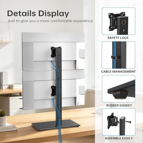 Afaloona Freestanding Vertical Dual Monitor Stand for 13-32" Screens, Space Saving Stack Mount with 8 Height Options, Full Motion Adjustment, Heavy Duty Base, Supports Total 77lbs, VESA 75x75mm/100x100mm in Saudi Arabia