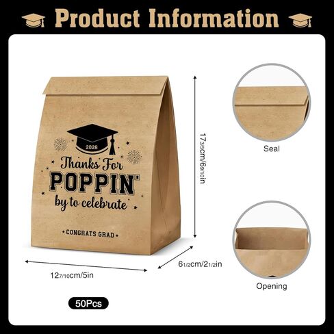 Graduation Party Favors, 50 Pcs Class of 2026 Graduation Favors Popcorn Bags, Thanks for Popping By Popcorn Bags, Graduation Goodie Bags for Treat Snack Cookie Brown in Saudi Arabia