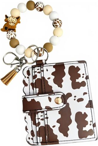 Cow Wristlet Keychain with Wallet Silicone Beaded Wristlet Bracelet Keychain for Women Cow Lover in Saudi Arabia