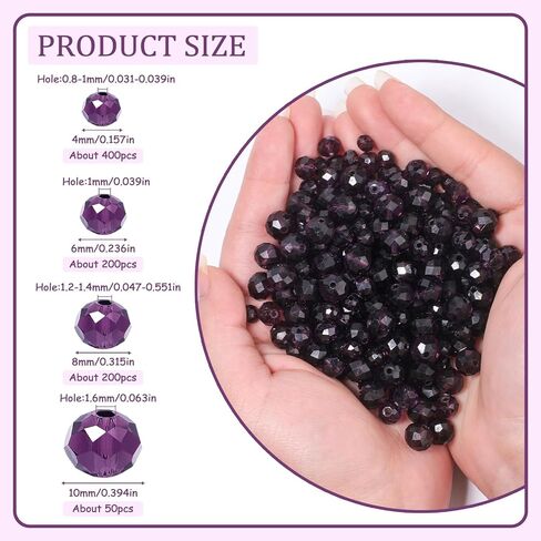 850Pcs 4/6/8/10mm Crystal Glass Beads for Jewelry Making Faceted Rondelle Flat Beads for Bracelets Necklace Earrings DIY Crafts(Purple Crystal Bead) in Saudi Arabia
