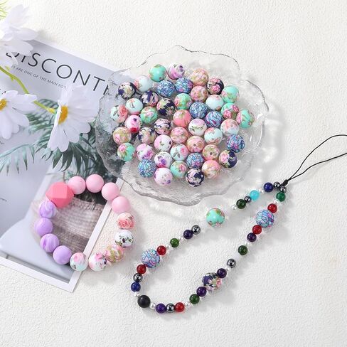 54 Pcs 15mm Silicone Beads for Keychain Making Round Focals Floral Printed Focal Beads for Pens Necklace Bracelets Earrings Jewelry Making in Saudi Arabia