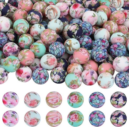 54 Pcs 15mm Silicone Beads for Keychain Making Round Focals Floral Printed Focal Beads for Pens Necklace Bracelets Earrings Jewelry Making in Saudi Arabia