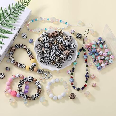54 Pcs 15mm Silicone Beads for Keychain Making Round Focals Floral Printed Focal Beads for Pens Necklace Bracelets Earrings Jewelry Making in Saudi Arabia