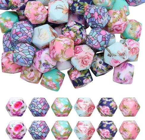 54 Pcs 15mm Silicone Beads for Keychain Making Round Focals Floral Printed Focal Beads for Pens Necklace Bracelets Earrings Jewelry Making in Saudi Arabia