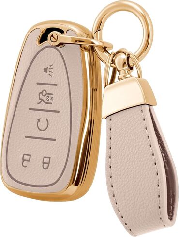 Soft Upper Leather TPU Key fob Cover Case for Chevy Cruze Malibu Camaro Traverse Spark Equinox Sonic Volt Bolt with Keychain (Gold-edged Light Pink, 5 Buttons) in Kuwait
