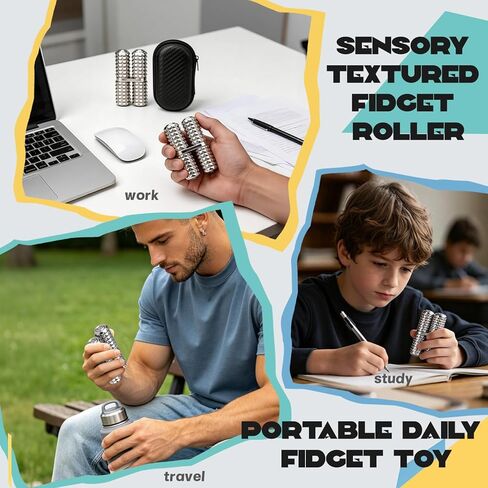 Fidget Roller for Kids Adults, Handheld Textured Metal Fidget Toy, Relieve Daily Tension, Improve Focus, Hand Grip Exercise, Portable Sensory Desk Gadget for Office Home Classroom in Kuwait