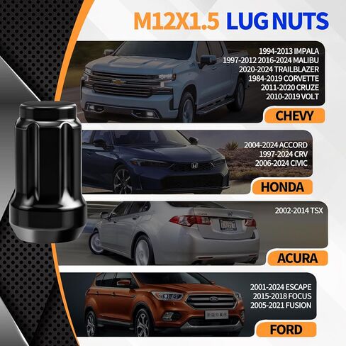 20pcs 12x1.5 Spline Lug Nuts Fit for Honda Accord Civic CRV Pilot Odyssey Element & Ford Escape Fusion Focus Closed End Aftermarket Tuner Lugnuts with 1 Socket Key fit 5 Lug Wheel in Saudi Arabia