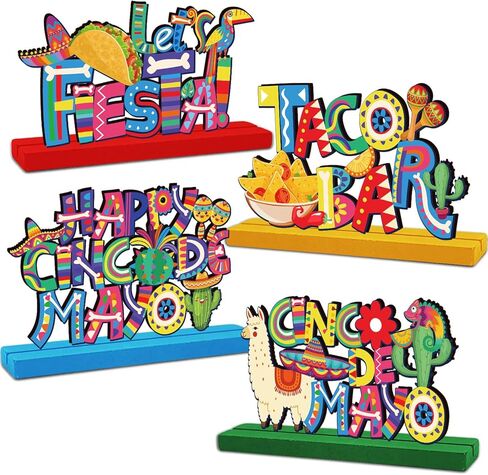 Taco Bar Party Decorations - 4PCS Wooden Cinco De Mayo Centerpieces, Mexican Tacos Salsa Table Topper Sign Supplies, Mexico Holiday Fiesta Festival Party Decor Gifts in Saudi Arabia