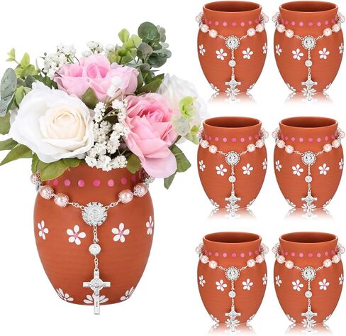 FoldTier 6 مجموعات 20 أوقية Cantaritos De Barro Mexicanos قطع مركزية لطاولة المعمودية أول مناولة لتزيين الطاولة Centros De Mesa Para Bautizo مزهرية سيراميك مكسيكية مع مسبحة كاثوليكية وردية لحفلات الزفاف in Kuwait