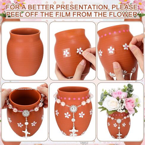 FoldTier 6 مجموعات 20 أوقية Cantaritos De Barro Mexicanos قطع مركزية لطاولة المعمودية أول مناولة لتزيين الطاولة Centros De Mesa Para Bautizo مزهرية سيراميك مكسيكية مع مسبحة كاثوليكية وردية لحفلات الزفاف in Kuwait