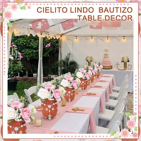 FoldTier 6 مجموعات 20 أوقية Cantaritos De Barro Mexicanos قطع مركزية لطاولة المعمودية أول مناولة لتزيين الطاولة Centros De Mesa Para Bautizo مزهرية سيراميك مكسيكية مع مسبحة كاثوليكية وردية لحفلات الزفاف in Kuwait