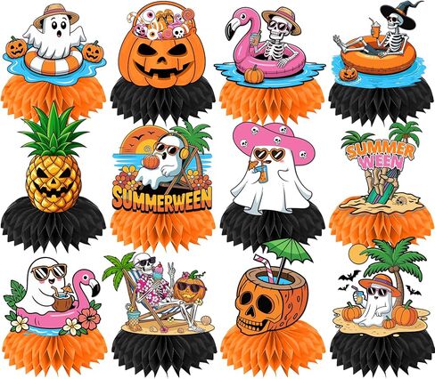 Summerween Decorations Honeycomb Centerpieces, 12Pcs Summer Ween Party Table Centerpieces Pumpkin Ghost Skull Summer Halloween Decorations for Table, for Summer Holiday Decorations in Saudi Arabia