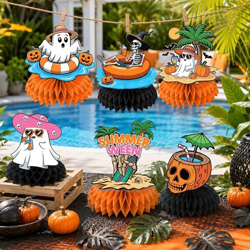 Summerween Decorations Honeycomb Centerpieces, 12Pcs Summer Ween Party Table Centerpieces Pumpkin Ghost Skull Summer Halloween Decorations for Table, for Summer Holiday Decorations in Saudi Arabia