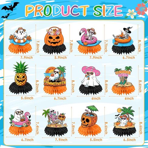 Summerween Decorations Honeycomb Centerpieces, 12Pcs Summer Ween Party Table Centerpieces Pumpkin Ghost Skull Summer Halloween Decorations for Table, for Summer Holiday Decorations in Saudi Arabia
