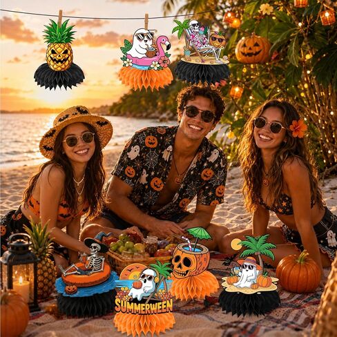 Summerween Decorations Honeycomb Centerpieces, 12Pcs Summer Ween Party Table Centerpieces Pumpkin Ghost Skull Summer Halloween Decorations for Table, for Summer Holiday Decorations in Saudi Arabia