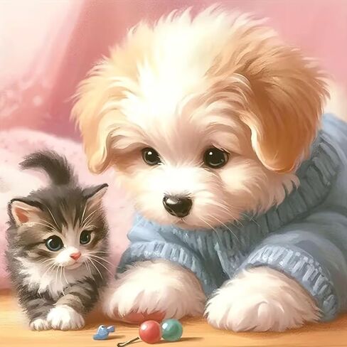 JXDXDJ Puppy and Cat Diamond Art Kits for Adults,Animal 5D Diamond Painting Kits for Beginners,DIY Round Full Drill Diamond Dots Gem Art for Adults,Paint by Picture Crafts Home Wall Decor 13.8x13.8 In in Saudi Arabia