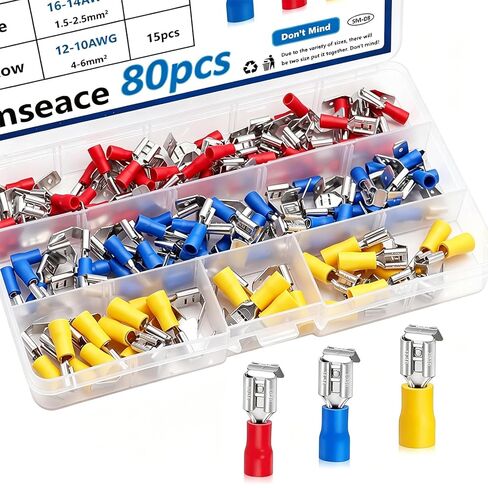 smseaces 80 قطعة من موصلات الخنزير الخلفية المعزولة 22-10AWG 6.3 مم (1/4 بوصة) موصلات سلكية على الظهر للسيارات وأنظمة الصوت والأجهزة المنزلية موصل مجراف مزدوج in Saudi Arabia