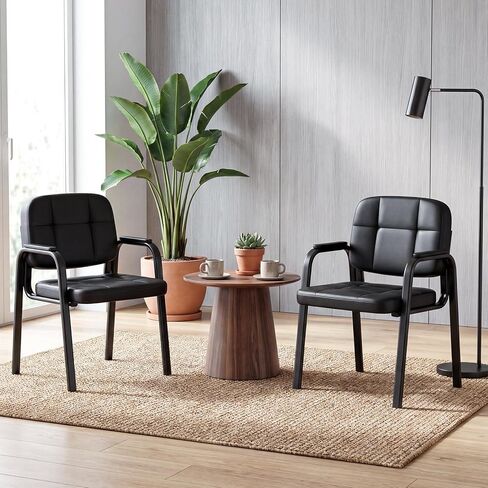 Giantex Waiting Room Guest Chairs Set of 2, Leather Office Reception Chairs with Padded Armrests, Metal Frame, Stationary Side Chairs No Wheels for Conference Meeting Lobby Home, Black in Saudi Arabia