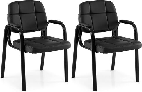 Giantex Waiting Room Guest Chairs Set of 2, Leather Office Reception Chairs with Padded Armrests, Metal Frame, Stationary Side Chairs No Wheels for Conference Meeting Lobby Home, Black in Saudi Arabia