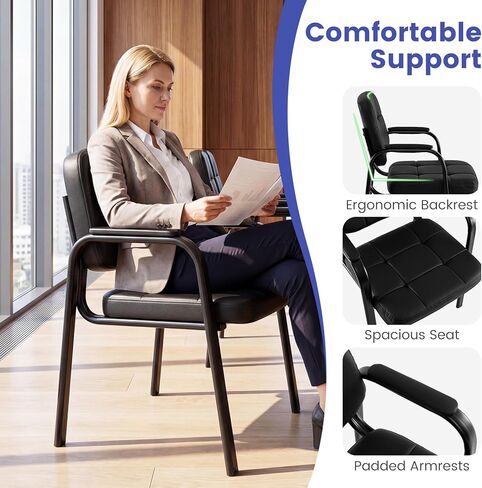 Giantex Waiting Room Guest Chairs Set of 2, Leather Office Reception Chairs with Padded Armrests, Metal Frame, Stationary Side Chairs No Wheels for Conference Meeting Lobby Home, Black in Saudi Arabia