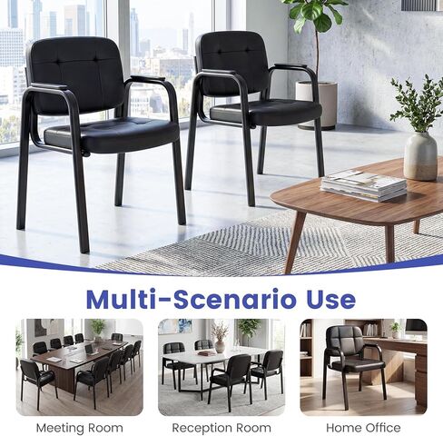 Giantex Waiting Room Guest Chairs Set of 2, Leather Office Reception Chairs with Padded Armrests, Metal Frame, Stationary Side Chairs No Wheels for Conference Meeting Lobby Home, Black in Saudi Arabia