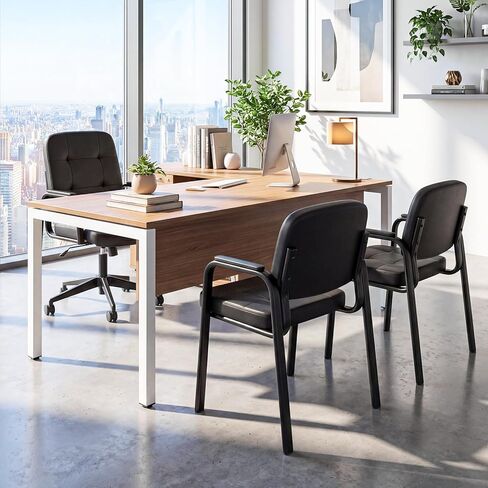 Giantex Waiting Room Guest Chairs Set of 2, Leather Office Reception Chairs with Padded Armrests, Metal Frame, Stationary Side Chairs No Wheels for Conference Meeting Lobby Home, Black in Saudi Arabia