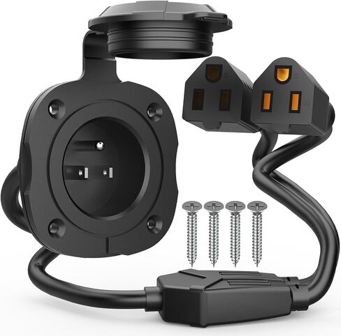 PAULINN 15 Amp 125V AC Power Inlet Port Plug W/ Integrated Dual 18" Extension Cord, NEMA 5-15 RV Flanged Inlet Y Splitter Cable with Waterproof & Back Cover, 2 Pole 3-Wire Shore Power Plug for Boat in Saudi Arabia