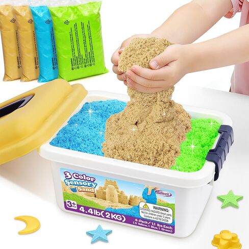 Billeeit 4.4 lbs Play Sand w/Storage Sand Box, 4-Pack(2 Yellow, 1 Blue, 1 Green) Sensory Bin Refill Sand for Shaping, Molding, Pressing, Scooping, Rolling, Self-Sticking Sand Sensory Toy for Kids 3+ in Saudi Arabia