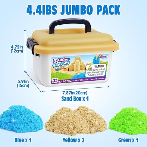 Billeeit 4.4 lbs Play Sand w/Storage Sand Box, 4-Pack(2 Yellow, 1 Blue, 1 Green) Sensory Bin Refill Sand for Shaping, Molding, Pressing, Scooping, Rolling, Self-Sticking Sand Sensory Toy for Kids 3+ in Saudi Arabia